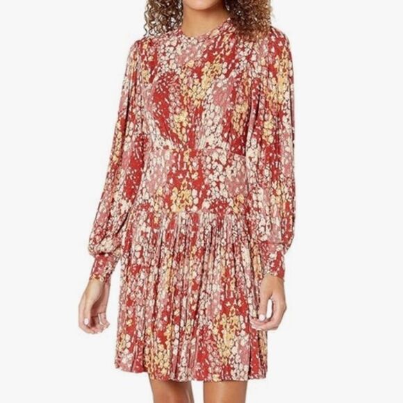 Free People Heartbeats Black Floral Print Long Sleeve Skater Dress Sz L - Picture 1 of 3